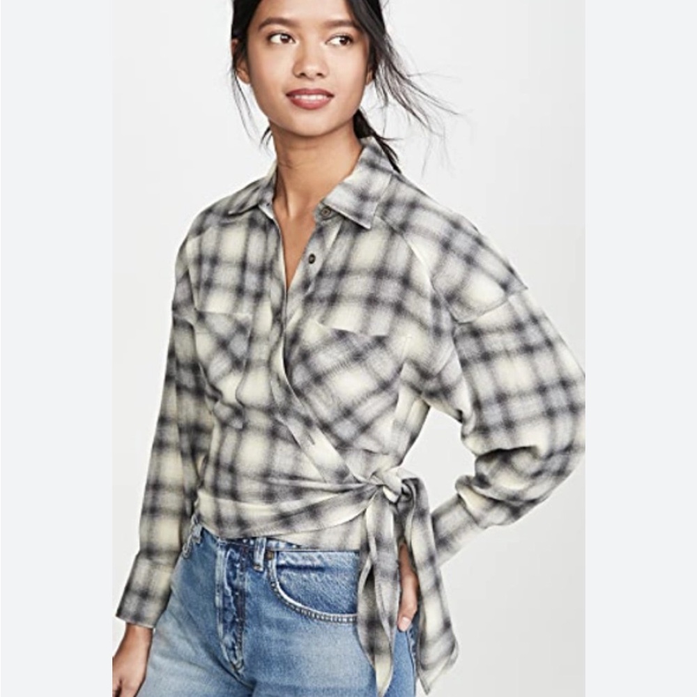 IRO Paris Camde Checked Wrap Top Shirt Mixed Gray 6 Wool Blend